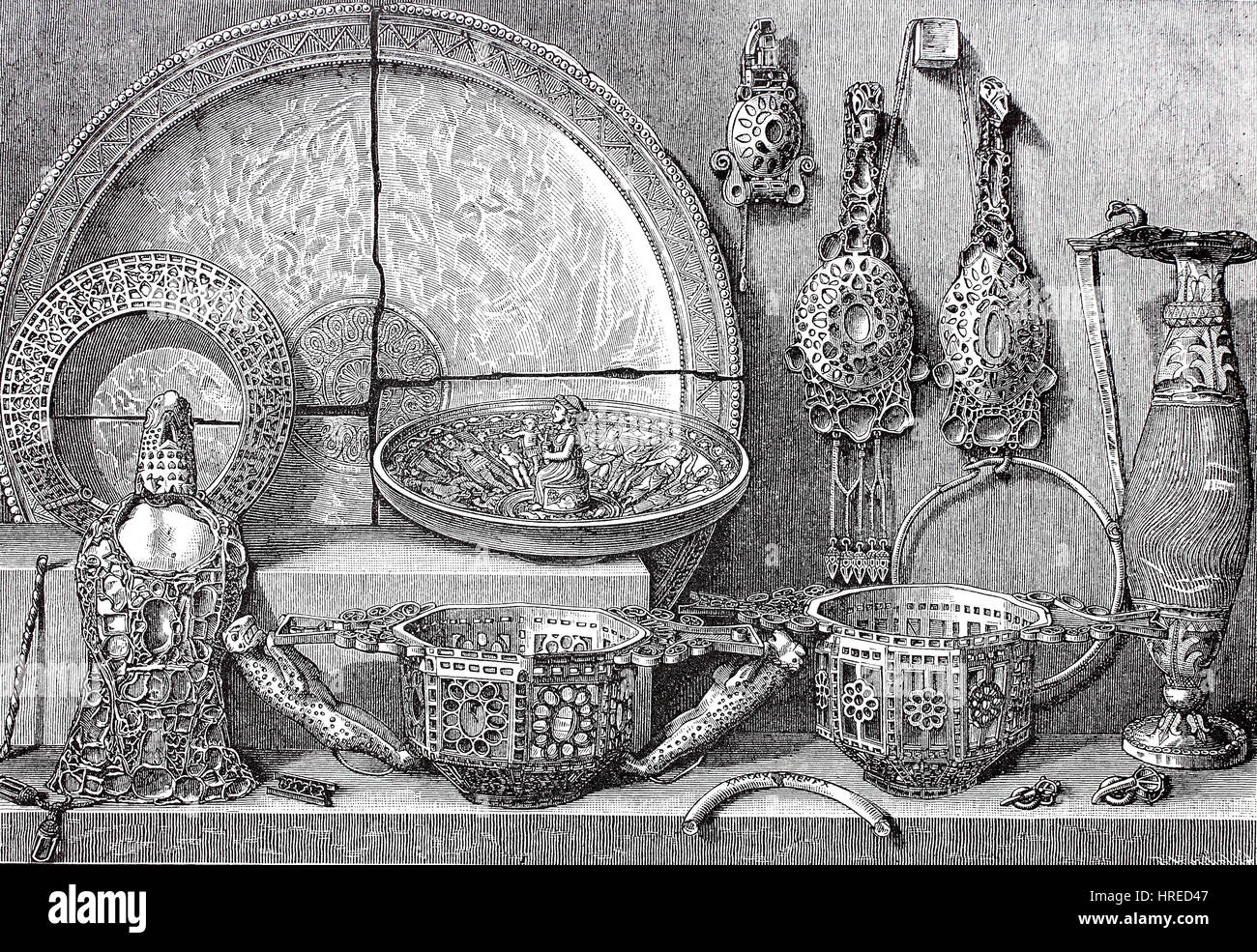 Le Trésor Pietroasele, ou le Trésor Petrossa, trouvés dans la région de Pietroasele, Buzau, Roumanie, soi-disant trésor de Athanarich, reproduction d'une gravure sur bois du xixe siècle, 1885 Banque D'Images