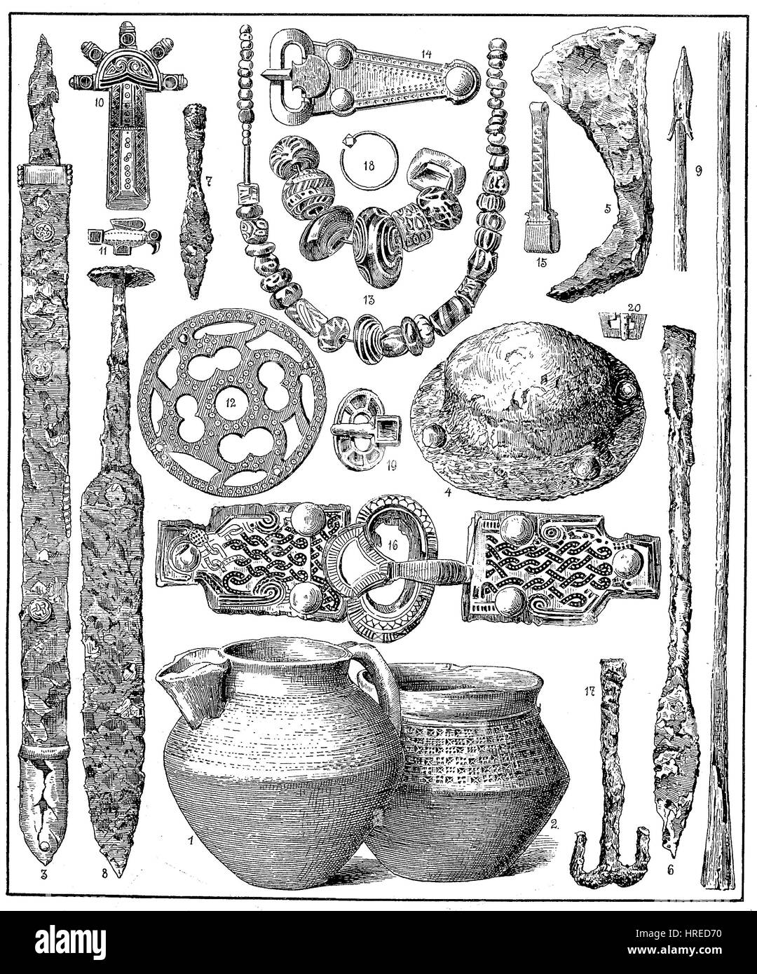 Armes, bijoux et de l'équipement de l'Franconian-Alemannic période, l'Allemagne, 5e - 8e siècle, la reproduction d'une gravure sur bois du xixe siècle, 1885 Banque D'Images