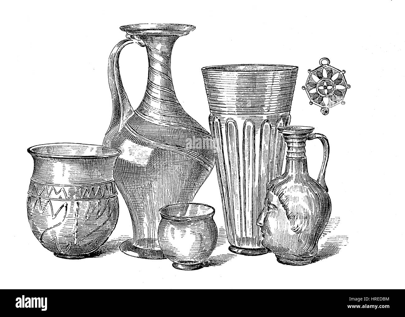 Des vases d'argile de l'époque romaine, les verres de différentes tailles, une cruche et une bouteille, l'Allemagne, la reproduction d'une gravure sur bois du xixe siècle, 1885 Banque D'Images