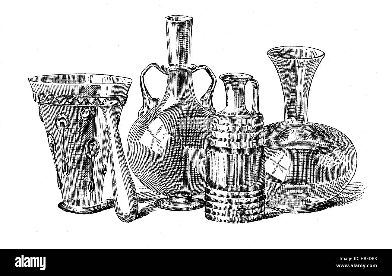 Des vases d'argile de l'époque romaine, plusieurs pichets, une tasse de boisson et la deuxième à partir de la gauche est une petite bouteille d'onguent, de l'Allemagne, la reproduction d'une gravure sur bois du xixe siècle, 1885 Banque D'Images