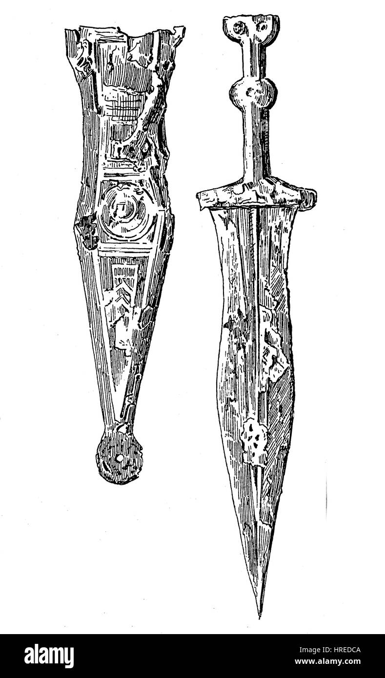 Armes de la période romaine, d'un fer à repasser avec une dague en fer associée, l'Allemagne, la reproduction d'une gravure sur bois du xixe siècle, 1885 Banque D'Images