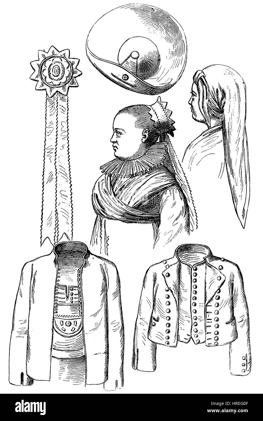 Divers vêtements du costume de fête des bourdons, Hummeln, de Mistelgau, Frankonia, Bavière, Allemagne, la reproduction d'une gravure sur bois du xixe siècle, 1885 Banque D'Images