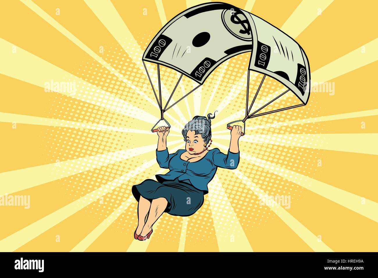 Femme Golden parachute compensation financière dans l'entreprise. Comic Book vintage pop art retro style vector illustration Illustration de Vecteur