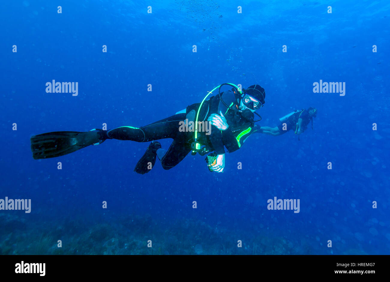 Scène sous-marine avec scuba diver gelés tenant une coquille, plongée cubain Banque D'Images