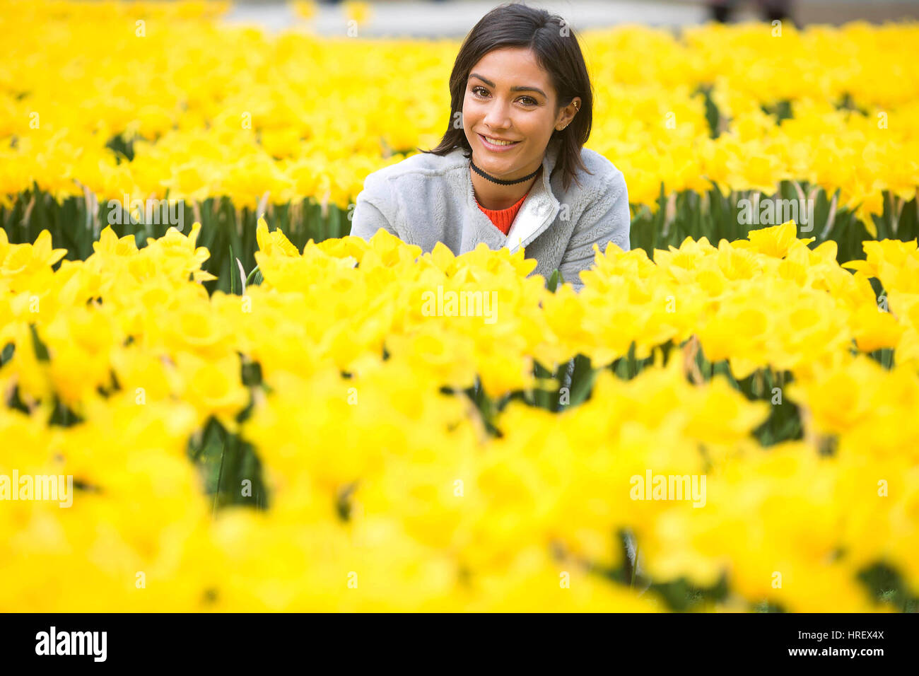L'ambassadeur de Marie Curie, Frankie Bridge, visite le « jardin de lumière », une installation de 2,100 jonquilles faits main, qui est dévoilée au public pour lancer l'appel de Marie Curie Great Daffodil à l'approche de la journée de Daffodil le 31 mars, à Londres. Banque D'Images