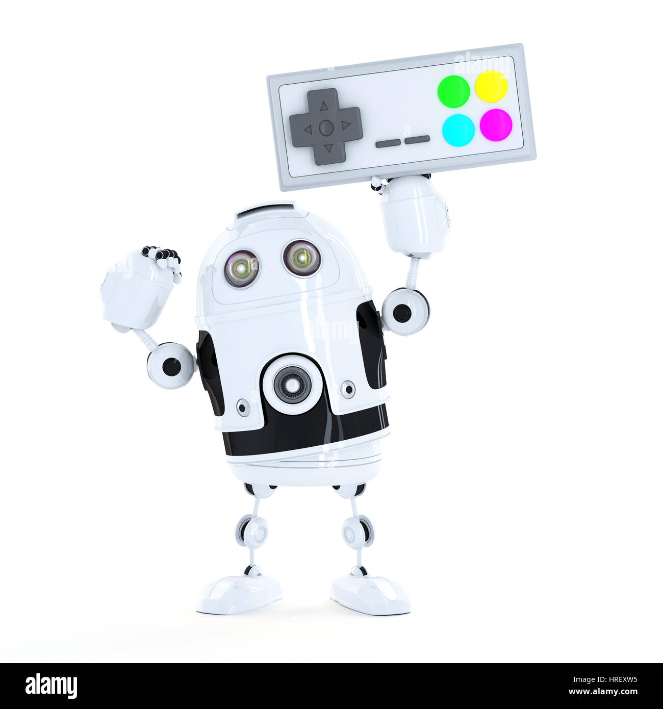 Robot Android avec une manette de jeu sans fil. Isolated on white Banque D'Images