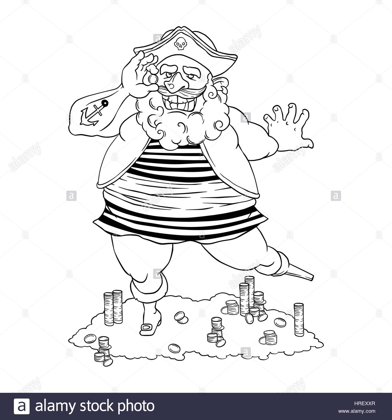 Heureux pirate tatoué avec une proth¨se une pi¨ce dans sa main et le trésor