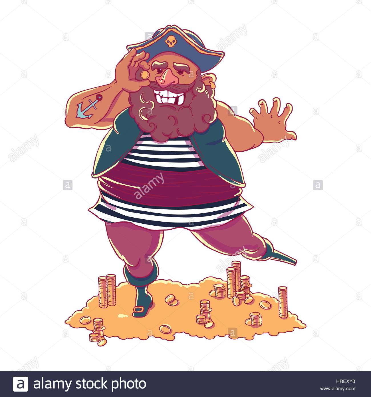 Heureux pirate tatoué avec une proth¨se une pi¨ce dans sa main et le trésor