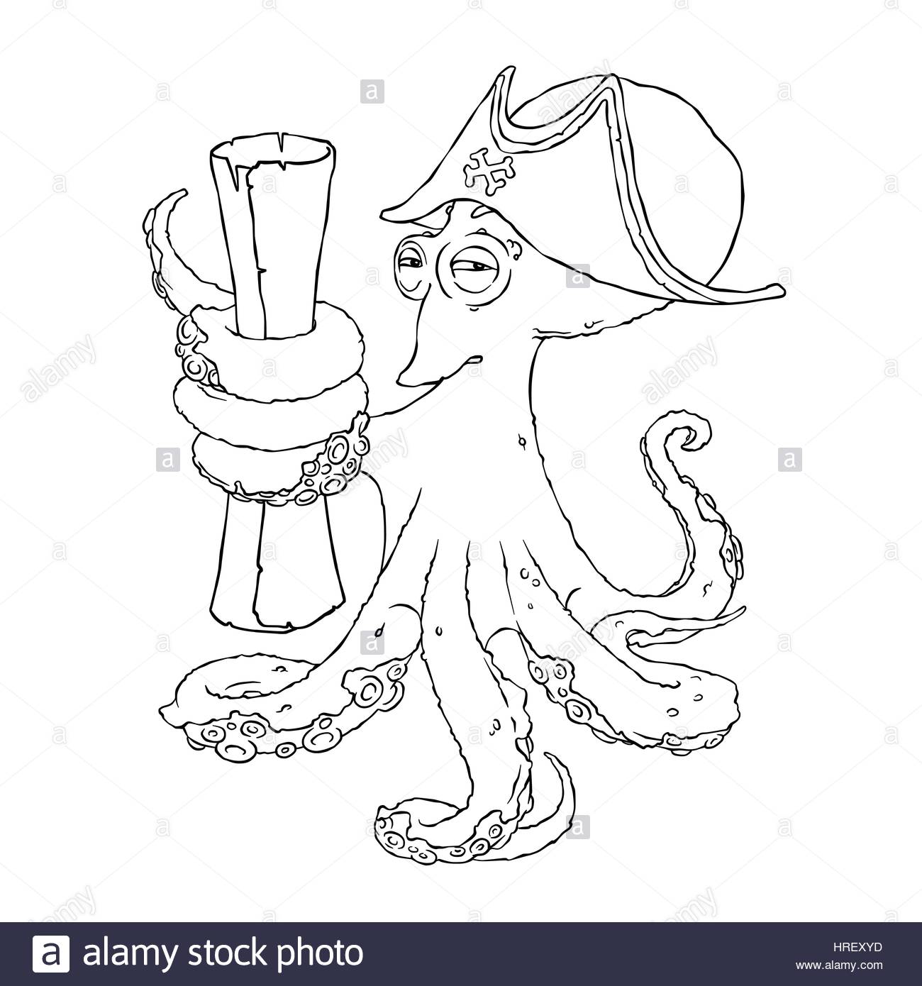 Cunning pieuvre pirate dans un chapeau   cornes avec le papier défile Carte au
