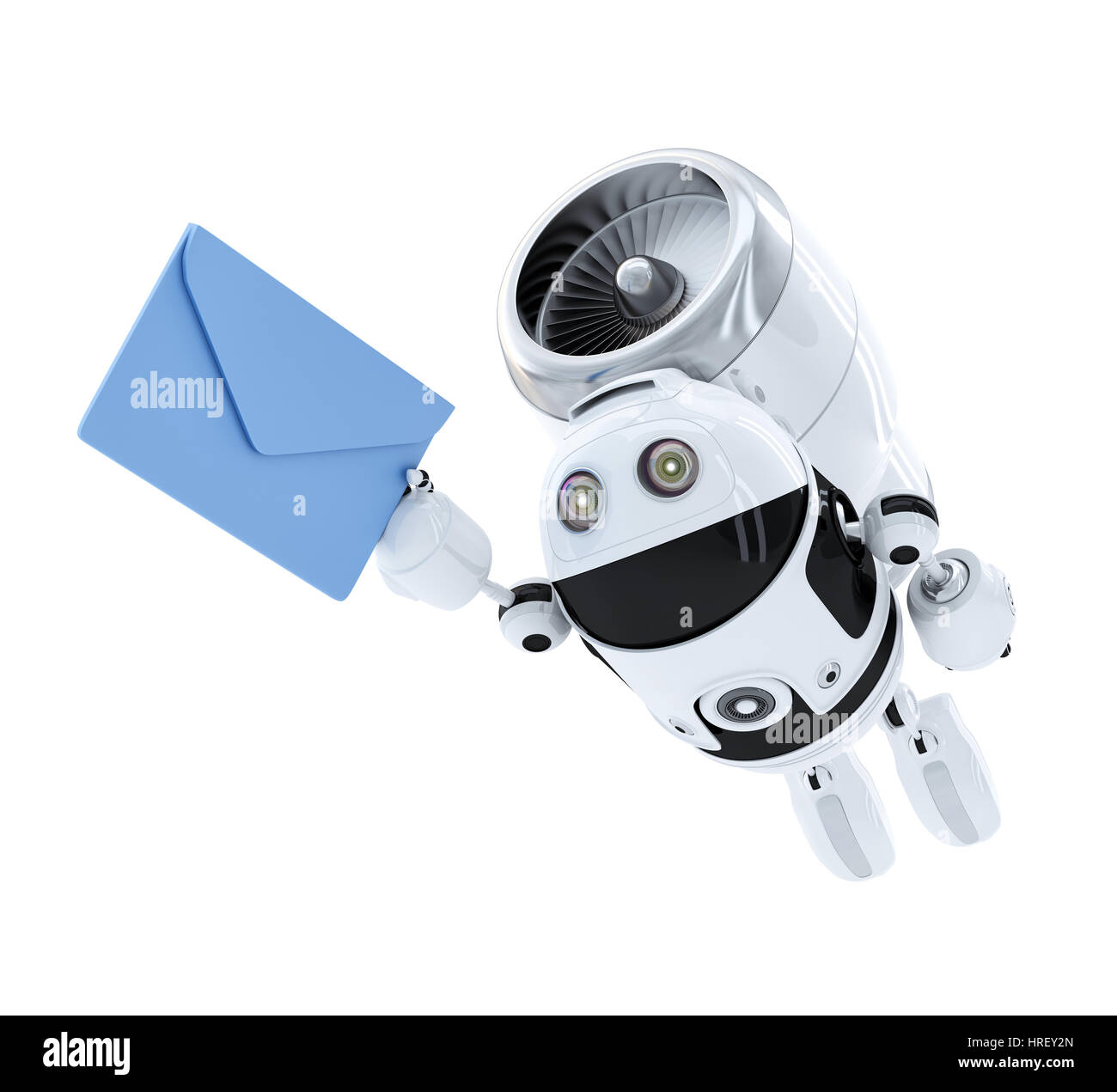Robot Android flying avec envelppe. E-mail concept de livraison. Isolé Banque D'Images