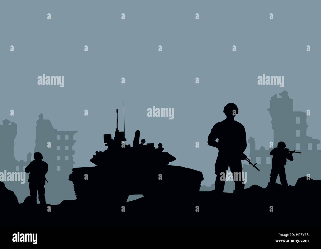 Illustration de la cuve, les soldats et la destruction de la ville. Banque D'Images