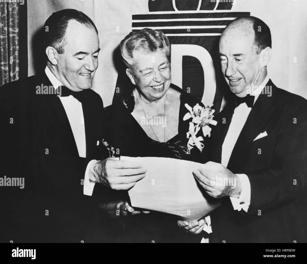 H. Humphrey, E. Roosevelt et A. Stevenson Banque D'Images