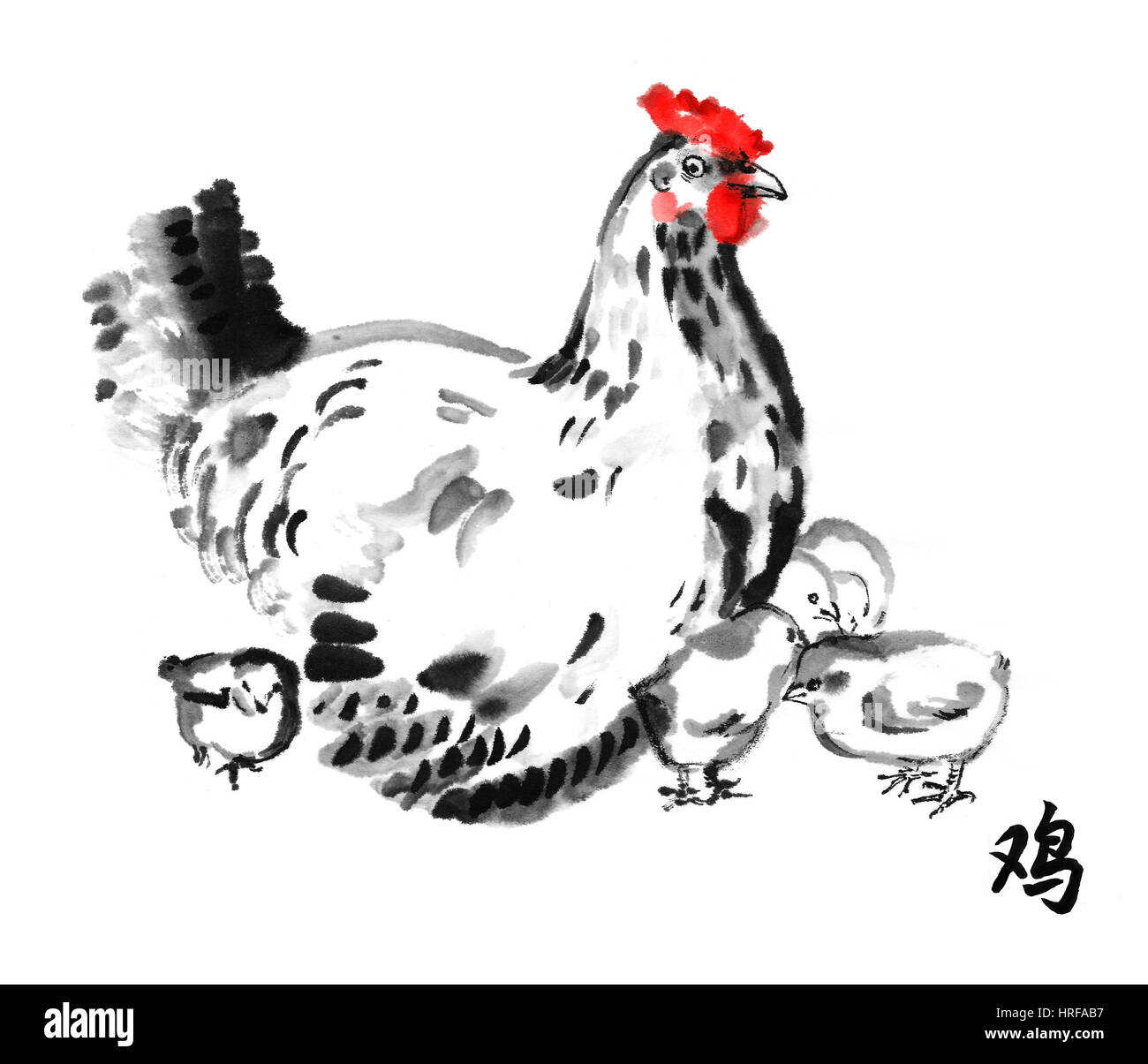 La mère poule avec poussins, encre d'orient la peinture à l'hiéroglyphe 'Coq'. Sumi-e illustration isolé sur fond blanc. Symbole de la Chinese new y Banque D'Images