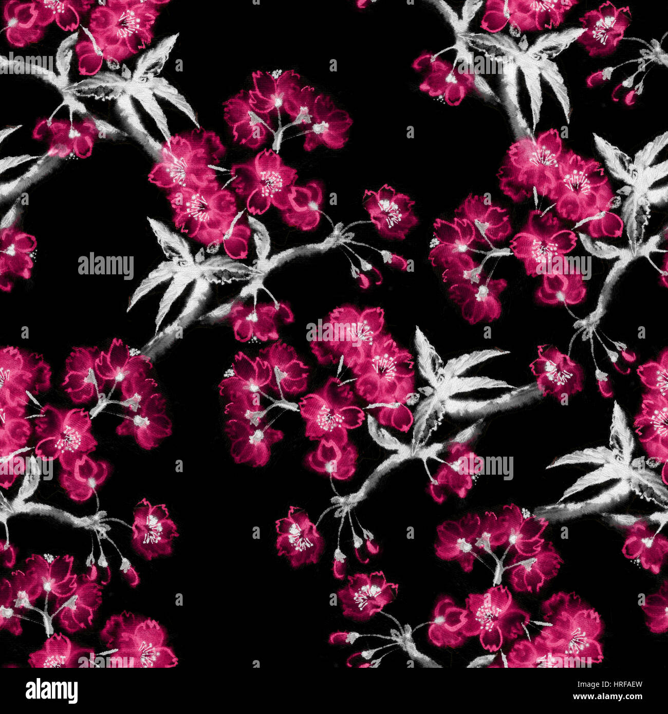 Fond transparent avec des branches de cerisiers en fleurs d'encre d'orient, peinture sumi-e motif sakura de style, l'inversion de sens. Banque D'Images
