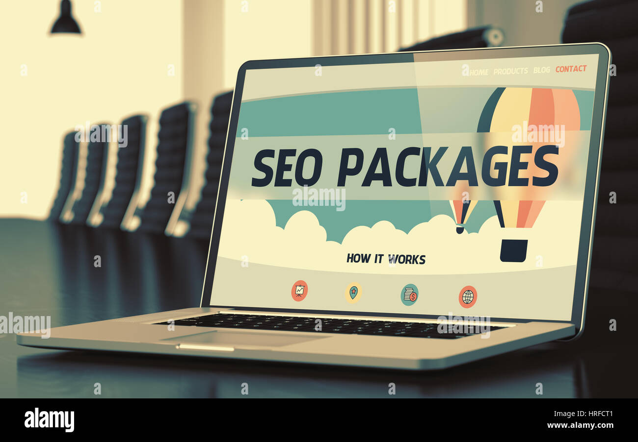 SEO - Landing Page avec l'inscription sur l'écran de l'ordinateur portable sur fond de confortable salle de réunion dans un bureau moderne. Vue rapprochée. Floue. Tonique Banque D'Images