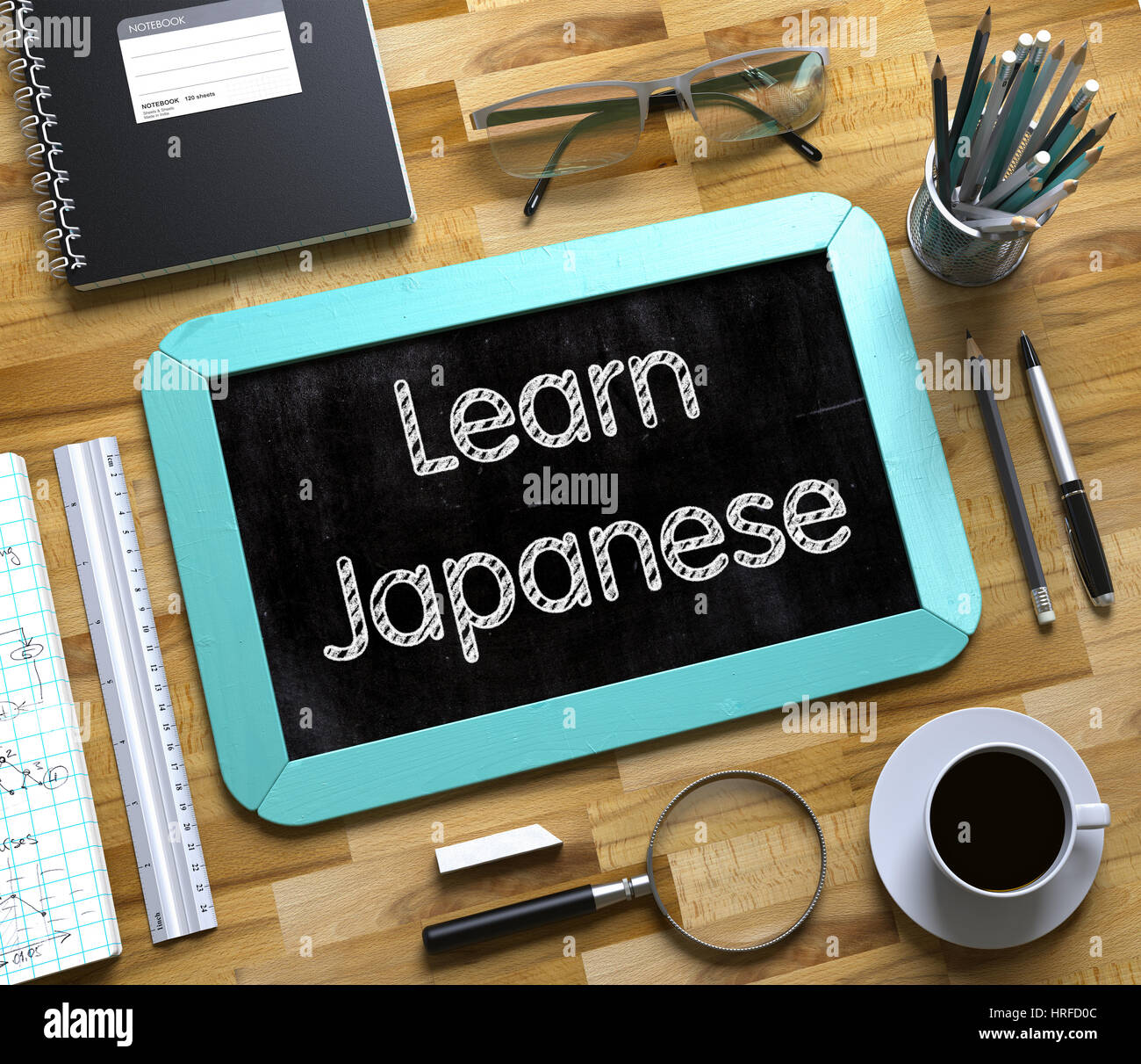 Apprendre le japonais à la main sur Petit tableau. Apprendre le japonais - Texte sur petit tableau.3D Rendering. Banque D'Images