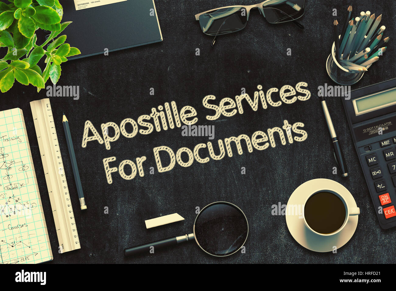 Services Apostille de documents - Tableau noir avec texte dessiné à la main et de la papeterie. Vue d'en haut. Le Rendu 3d. Illustration aux tons. Banque D'Images