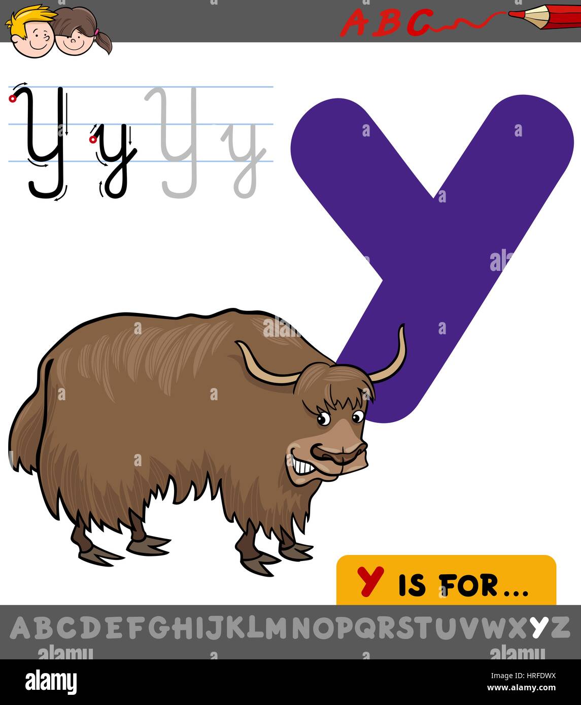 Caricature d'illustration de Lettre Y de l'Alphabet avec Yak personnage animal pour les enfants Illustration de Vecteur