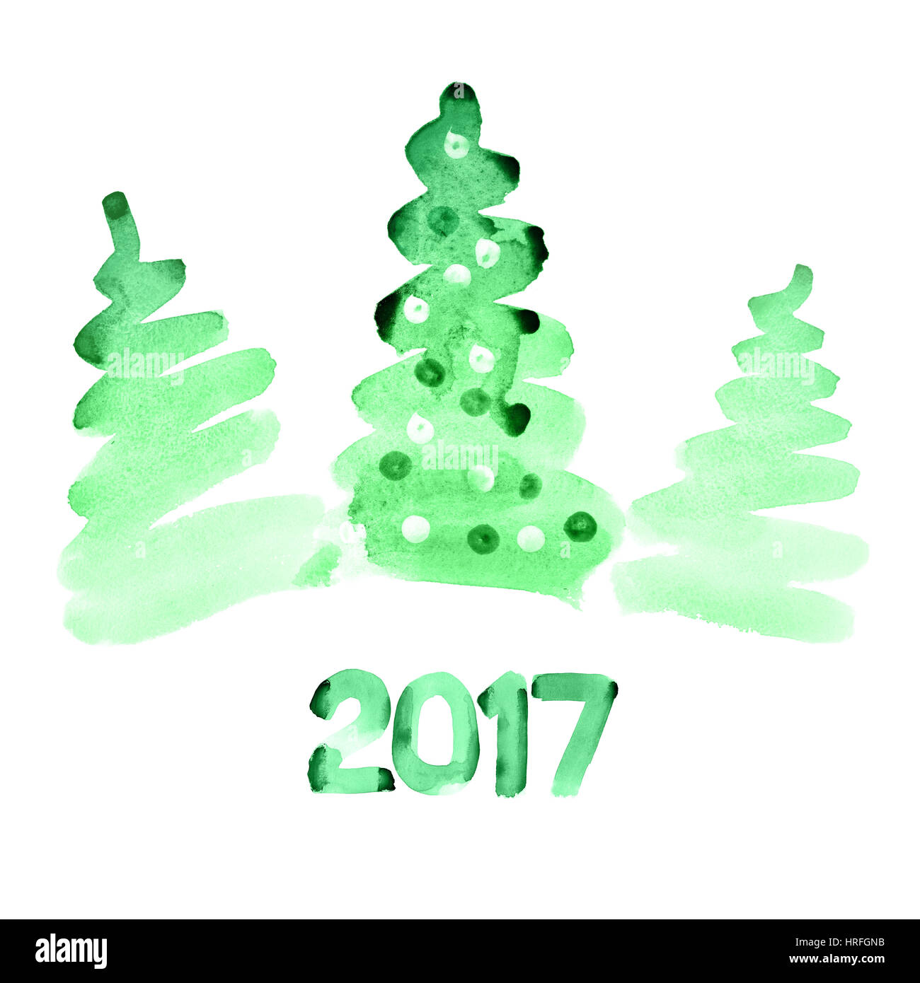 Bonne Année 2017 - aquarelle vert des arbres de Noël Banque D'Images