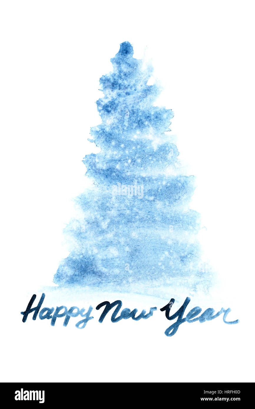 Bonne année - l'arbre de Noël d'aquarelle bleue Banque D'Images
