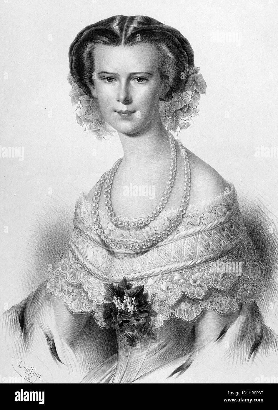 L'impératrice Elisabeth d'Autriche (1837-1898) épouse de l'Empereur Franz Ferdinand dans une lithographie 1856 Banque D'Images