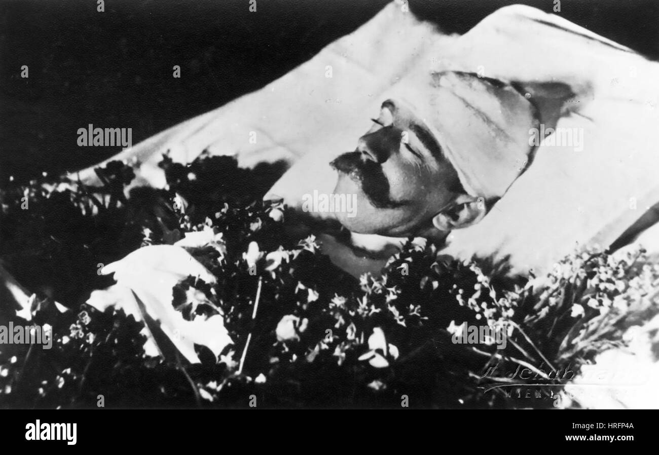 Le PRINCE HÉRITIER RODOLPHE D'AUTRICHE (1858-1889) à la Hofburg, Vienne, avec bandages couvrant les blessures par balle de son suicide Banque D'Images