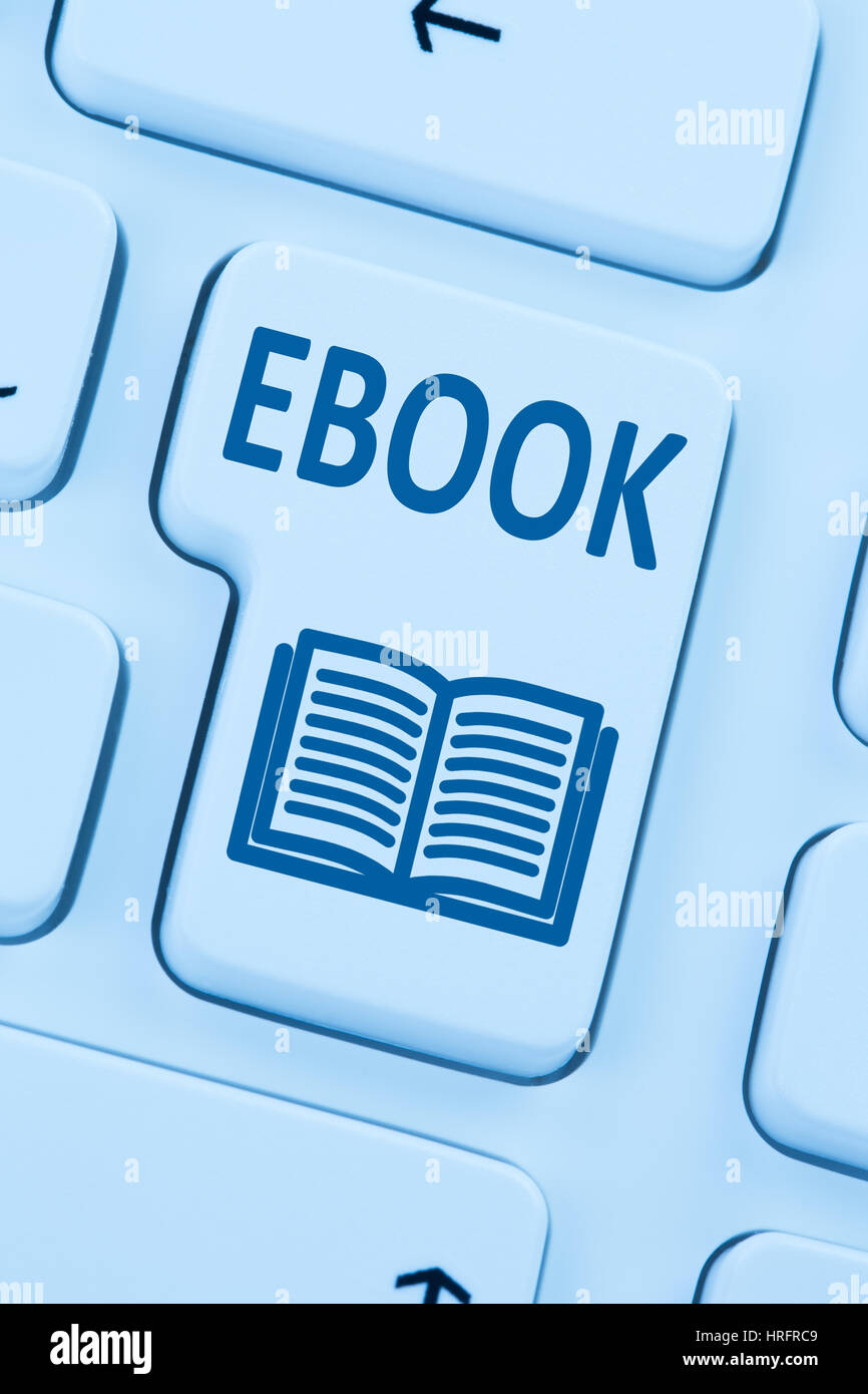 Commander e-book télécharger internet ebook lecture bleu en ligne ordinateur clavier web Banque D'Images