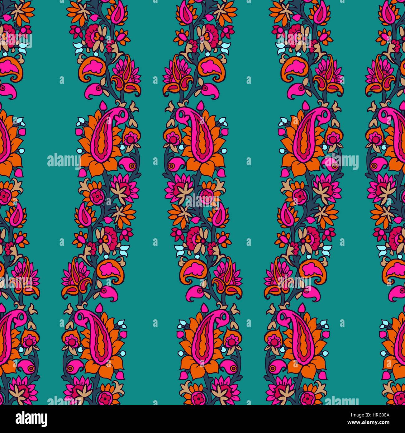 Motif floral ethnique, oriental, éléments primitifs des ondes verticales de la mise en page. Turquoise, vert, magenta et tons orange. Illustration de Vecteur