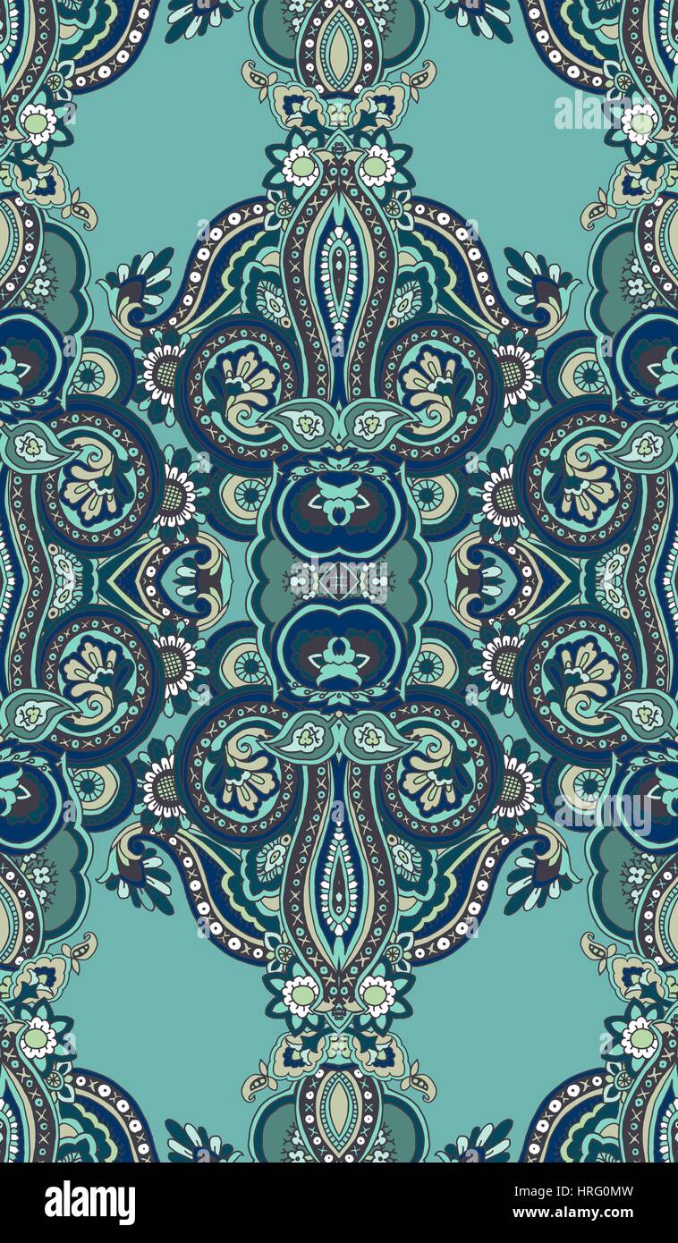 Kaléidoscope géométrique abstrait motif paisley transparente. Ornement textile verticale oriental traditionnel, tons vert menthe. Le design textile. Illustration de Vecteur