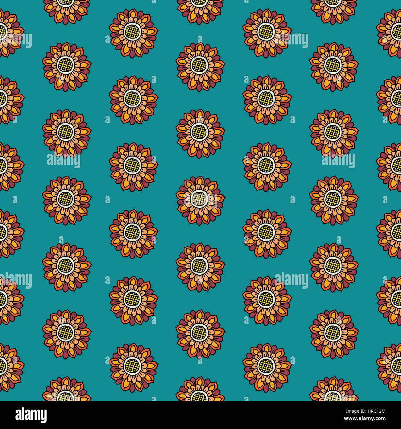Paisley modèle vectoriel continu. Motif floral ethnique primitif, fleurs orientales, mise en page en pointillés, orange, jaune et prune sur fond bleu turquoise. Illustration de Vecteur