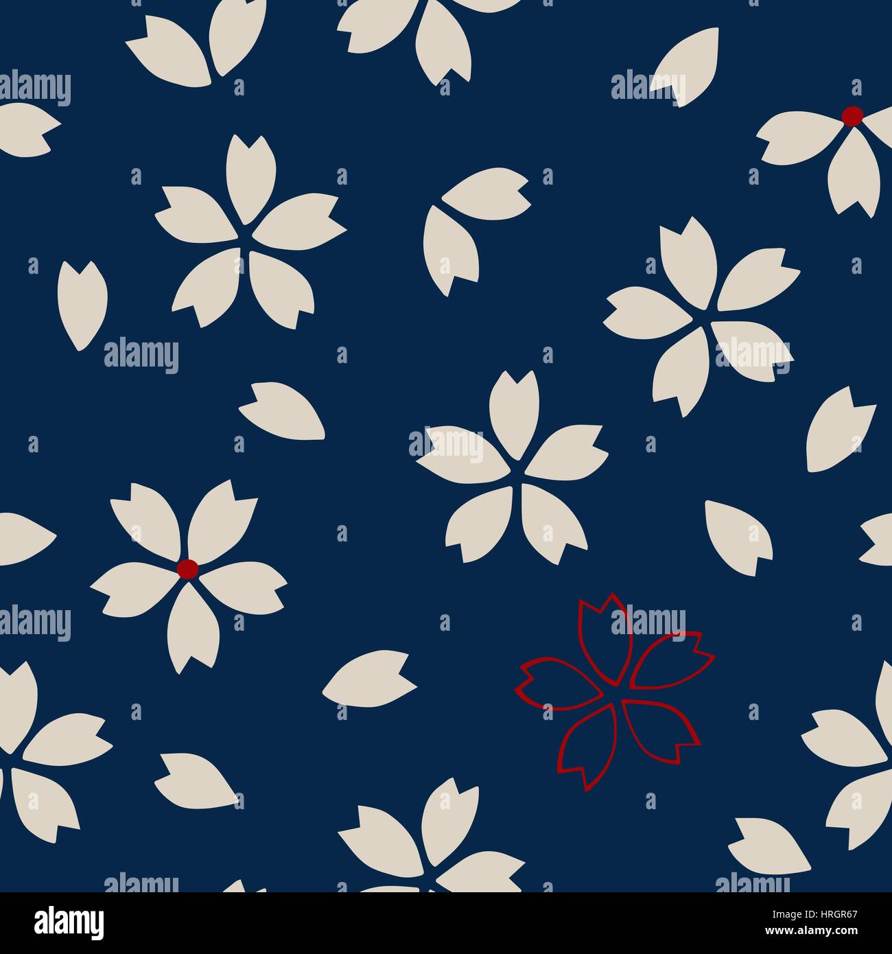 Fleur de cerisier, écru et rouge sur fond bleu marine. Design textile ethnique. Illustration de Vecteur