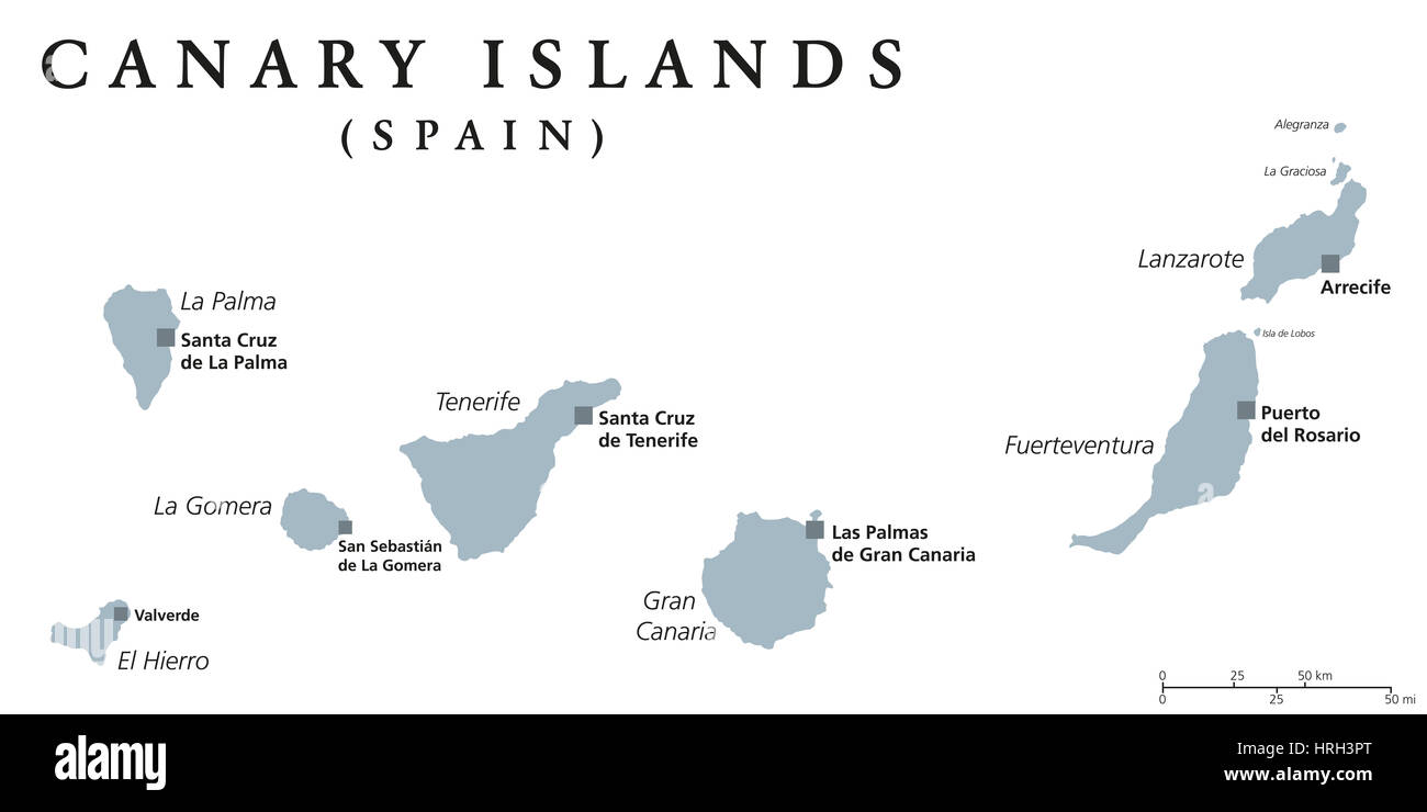 Canaries carte politique avec chapiteaux à Las Palmas et Santa Cruz. Les Canaries sont un archipel et communauté autonome d'Espagne. Banque D'Images