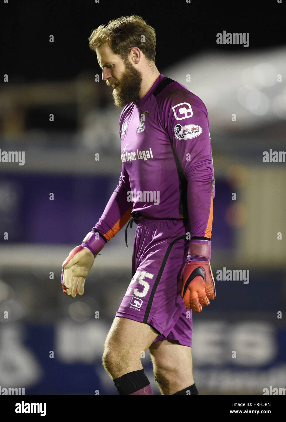 Inverness Caledonian Thistle gardien Owain Fon Williams apparaît abattu au cours de la Ladbrokes Premiership match écossais à l'Tulloch Caledonian Stadium, Inverness. Banque D'Images