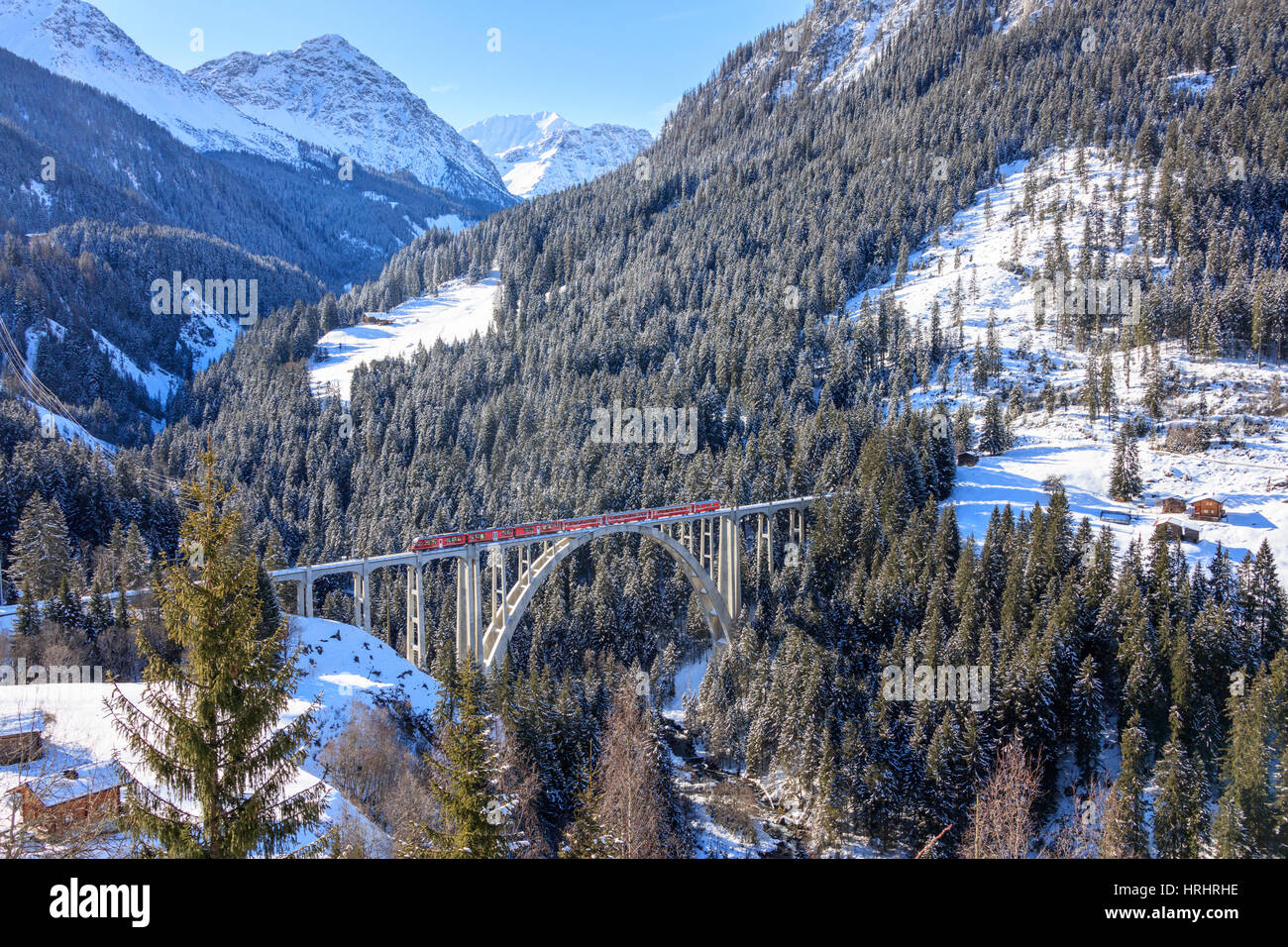 Train rouge du chemin de fer rhétique sur Langwieser Viaduct entouré par Snowy Woods, Canton des Grisons, Suisse Banque D'Images