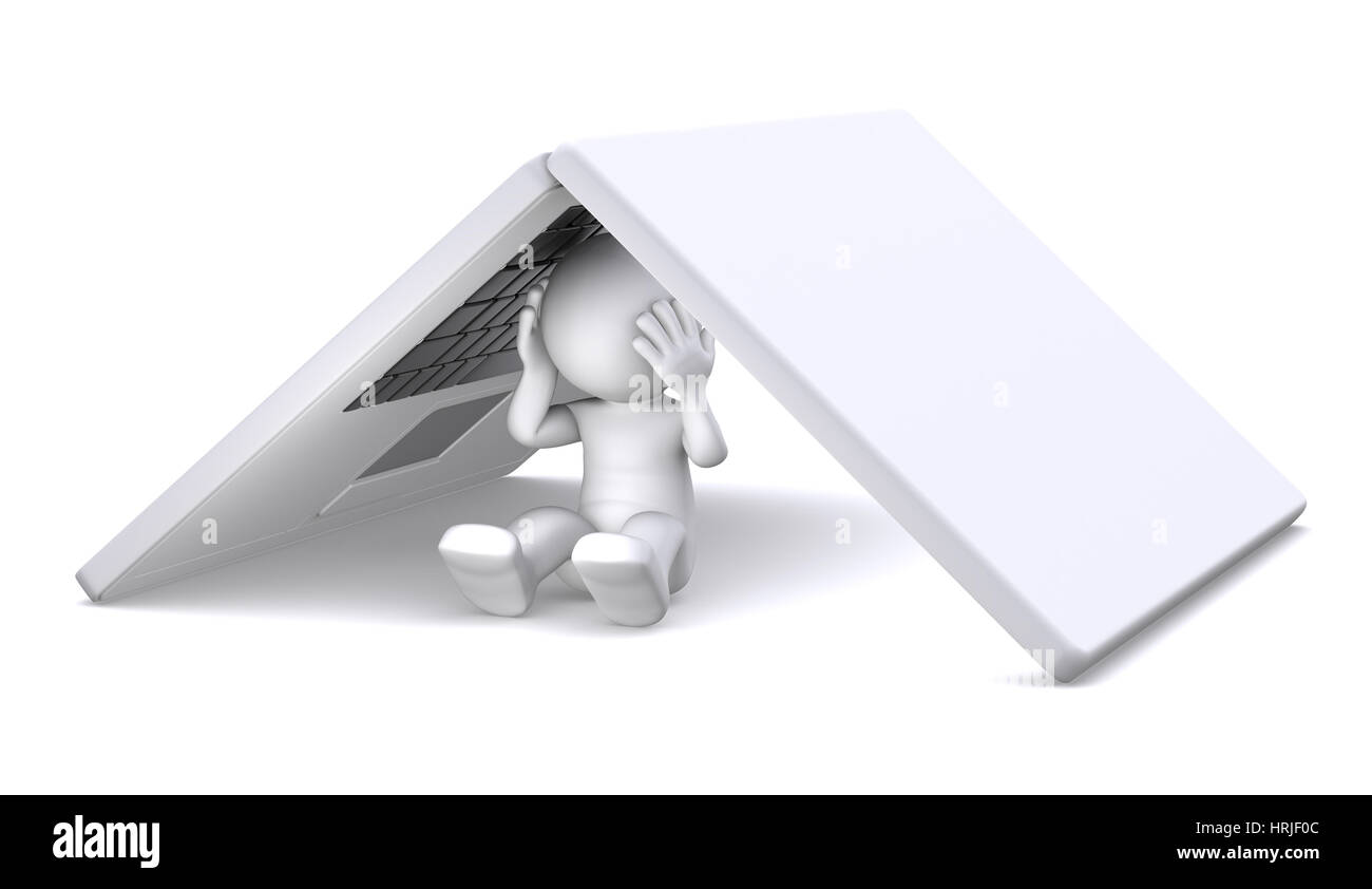3d personnage se cachant sous l'ordinateur portable. Les problèmes cachés de Banque D'Images