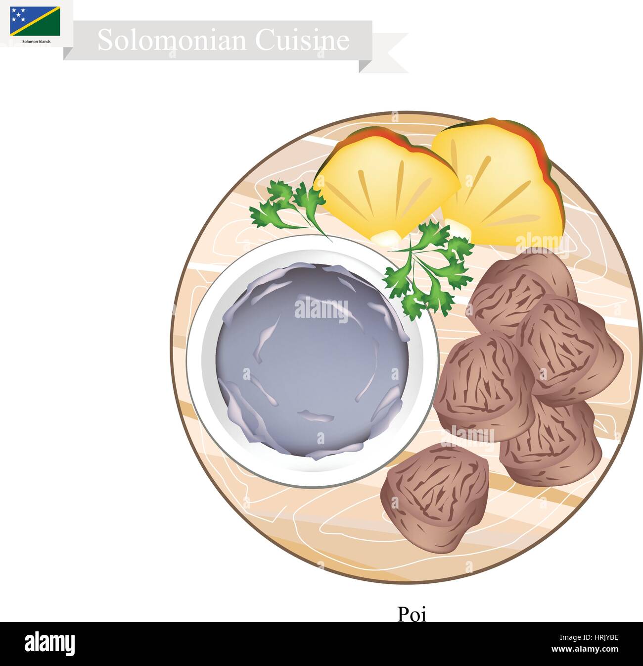 Cuisine Solomonian, Poi ou traditionnelle bouillie fermentée avec Taro Taro racines servi avec un rôti de viande. L'un des plats les plus populaires de Salomon est Illustration de Vecteur