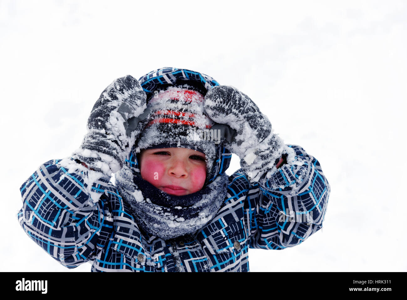 Portrait d'un jeune garçon (4 ans) dans l'hiver au Québec, avec bonnet, écharpe et gants incrustés dans la neige. Banque D'Images