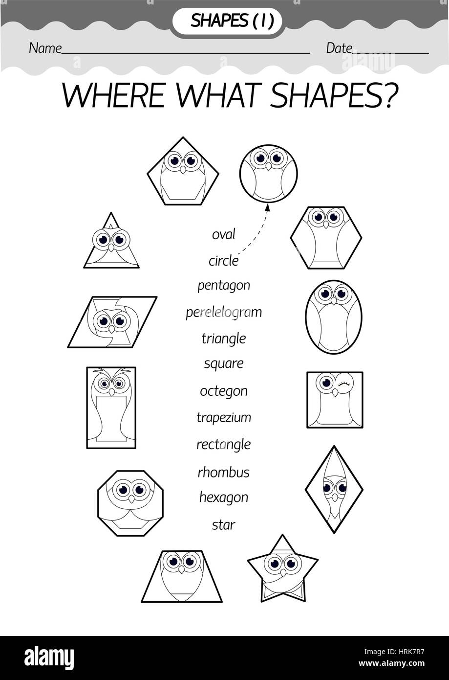 Matériel de formation- Coloring Book : où quelles formes ? Des formes géométriques sous la forme d'un hibou . Vector illustration noir et blanc. Illustration de Vecteur