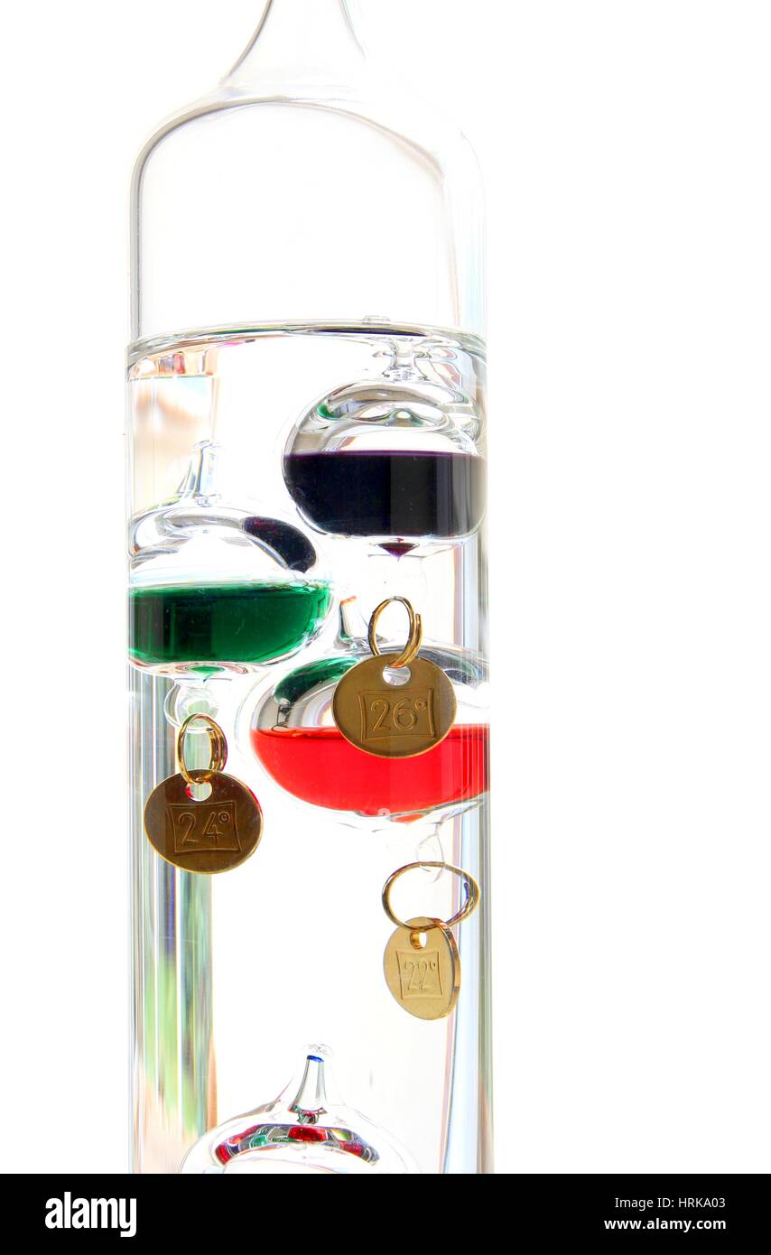 Thermomètre de Galilée avec billes de verre isolé sur blanc température montrant Banque D'Images