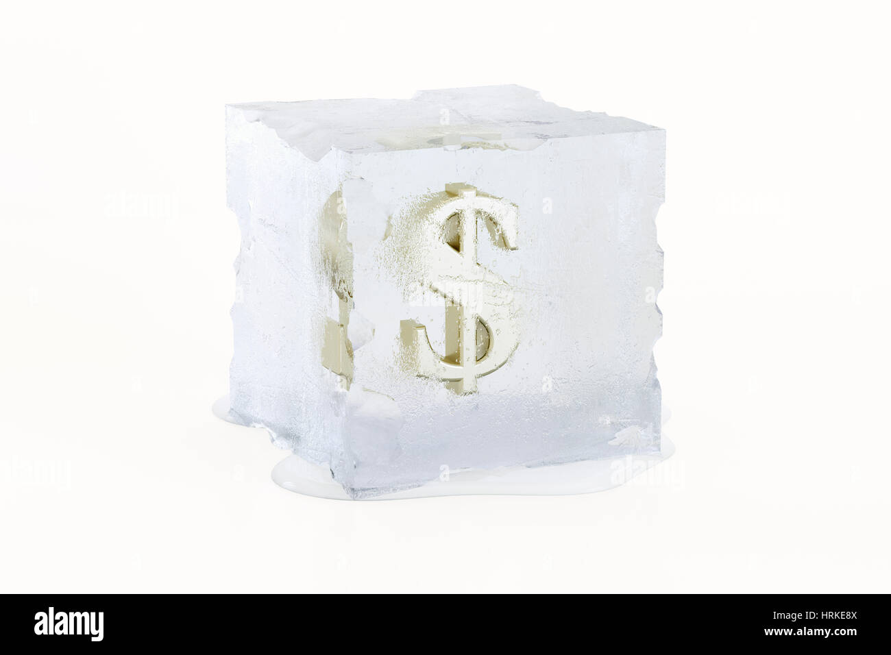 Le symbole du dollar US en or congelé dans un cube de glace fond lentement Banque D'Images