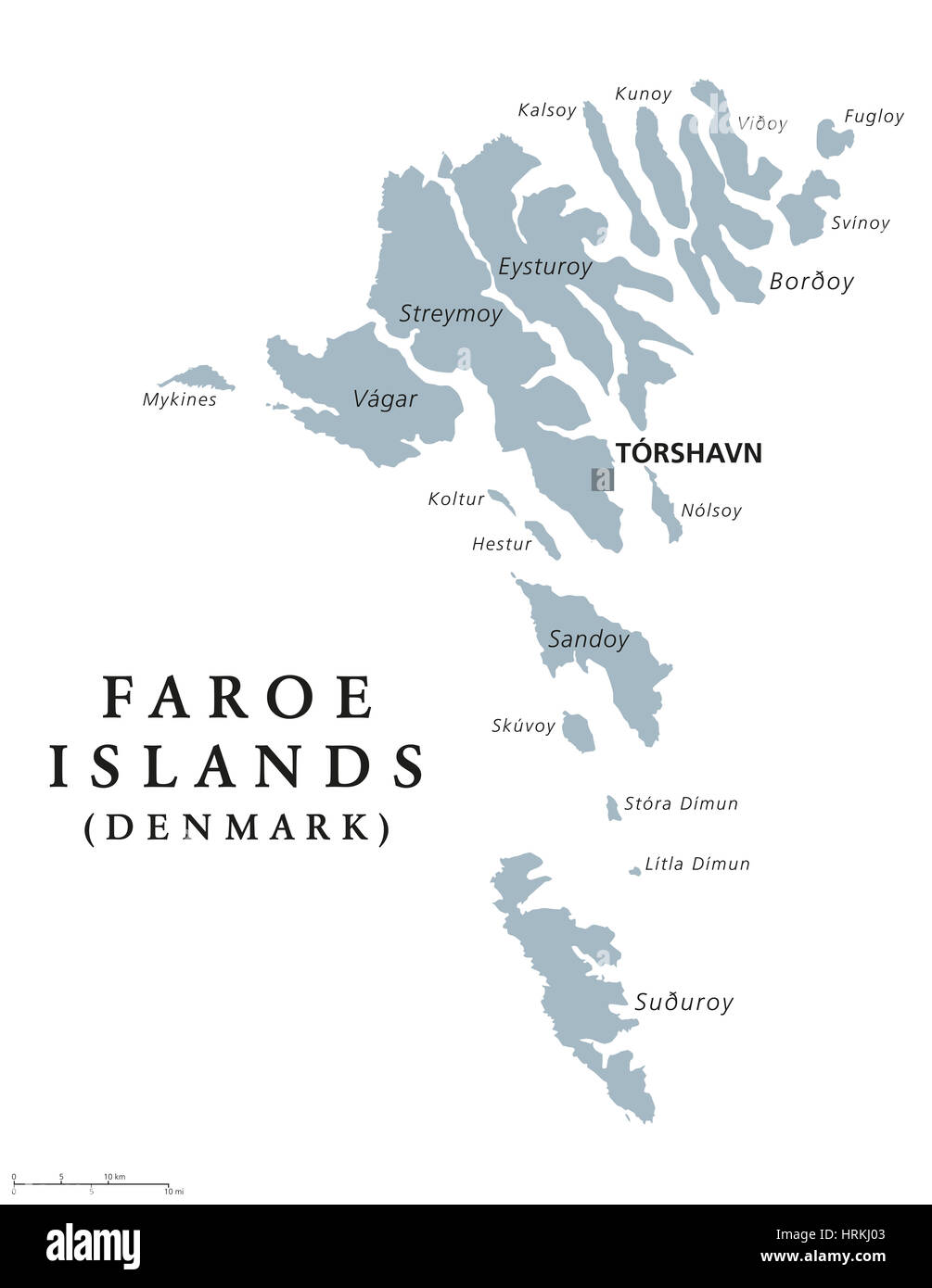 Îles Féroé carte politique avec capital Torshavn, également les îles Féroé. Pays autonome et d'une partie du royaume de Danemark. Banque D'Images