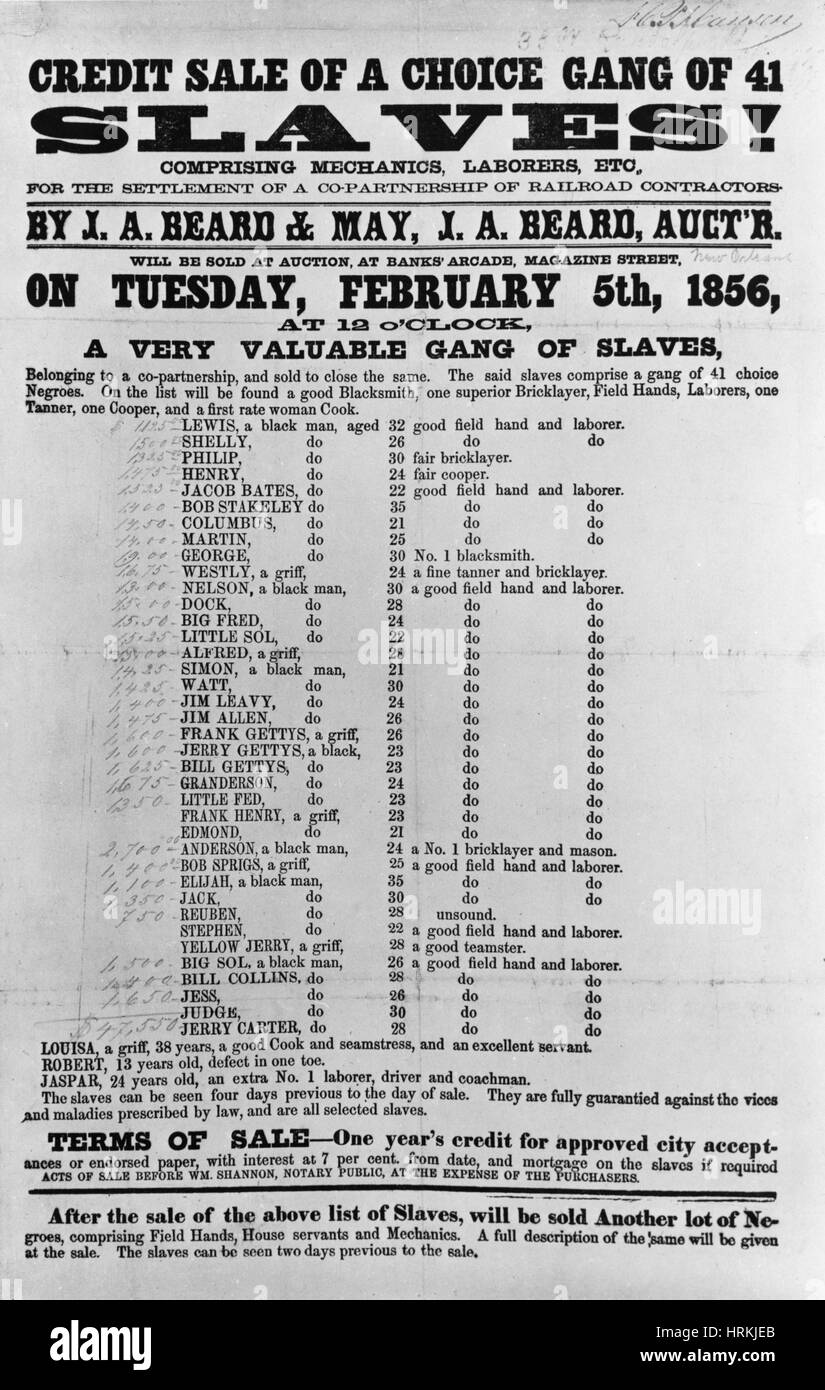 Avis de vente aux enchères d'esclaves, 1856 Banque D'Images