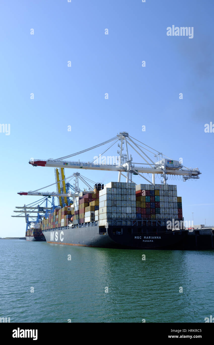 Paires d'un conteneur de fret de chargement grues de navire dans le port du Havre, Le Havre, France Banque D'Images