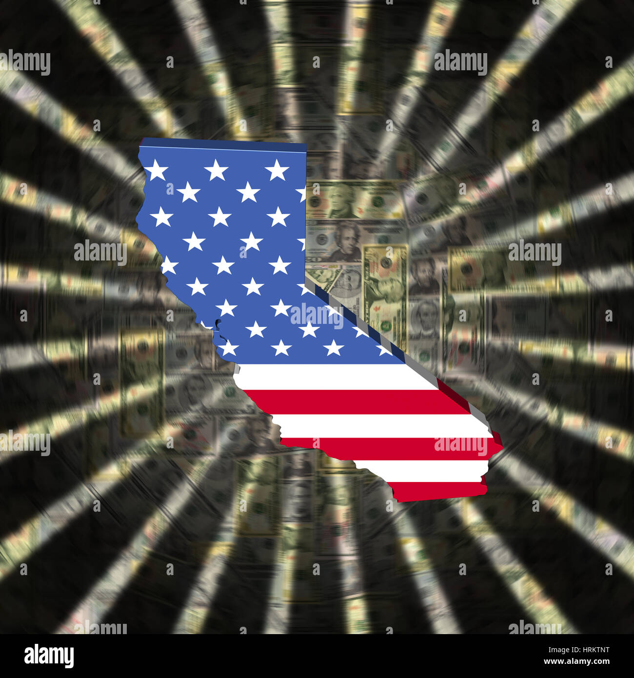 Californie carte drapeau sur monnaie illustration burst Banque D'Images