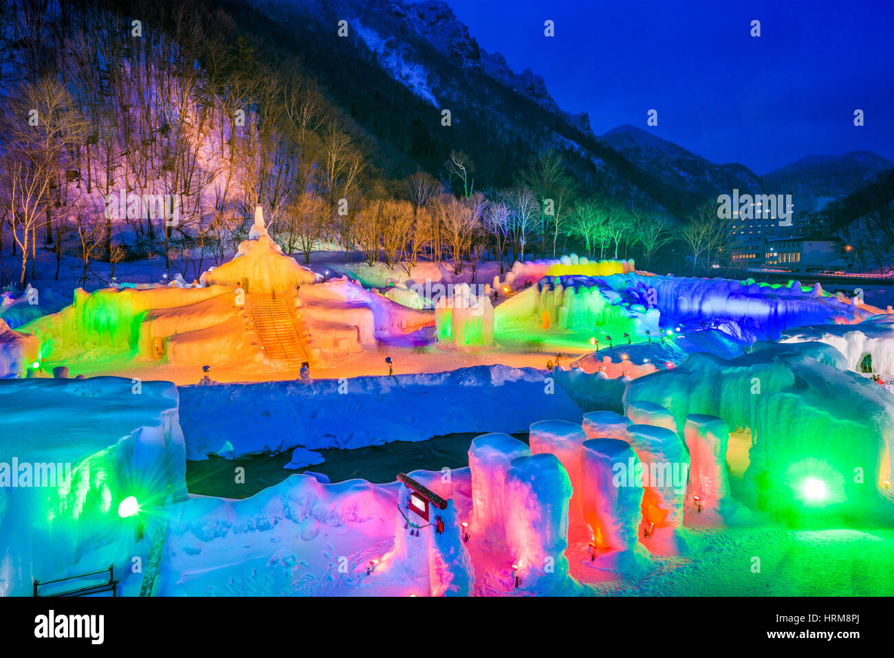 Sounkyo, Japon hot springs resort town winter festival des sculptures de glace. Banque D'Images