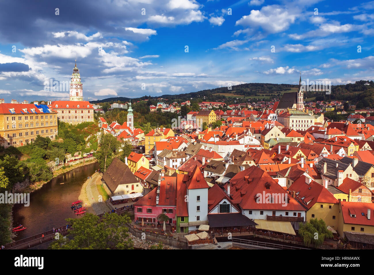 Vue sur centre historique de Cesky Krumlov et Vltava,République tchèque,patrimoine de l'Unesco Banque D'Images