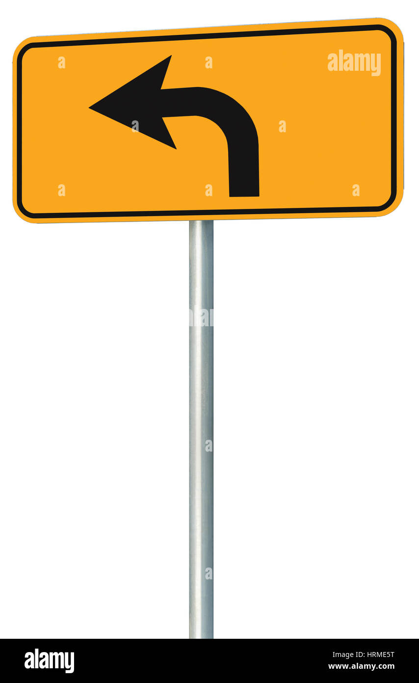 Virage à gauche panneau routier route de vue, isolée de la circulation routière jaune signalisation, cette façon unique direction pointeur, flèche noire, châssis roadsign gr Banque D'Images