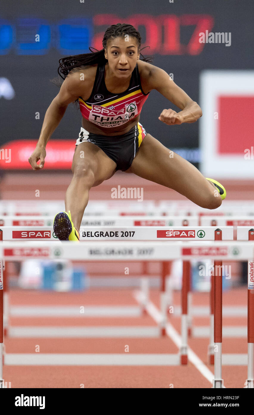 Belgrade, Serbie. 06Th Mar, 2017. Champion olympique Nafissatou Thiam (Belgique) participe à l'événement obstacle de 60 mètres à la lumière de l'athlétisme championnats d'Europe à l'Aréna Kombank à Belgrade, Serbie, 03 mars 2017. Photo : Sven Hoppe/dpa/Alamy Live News Banque D'Images