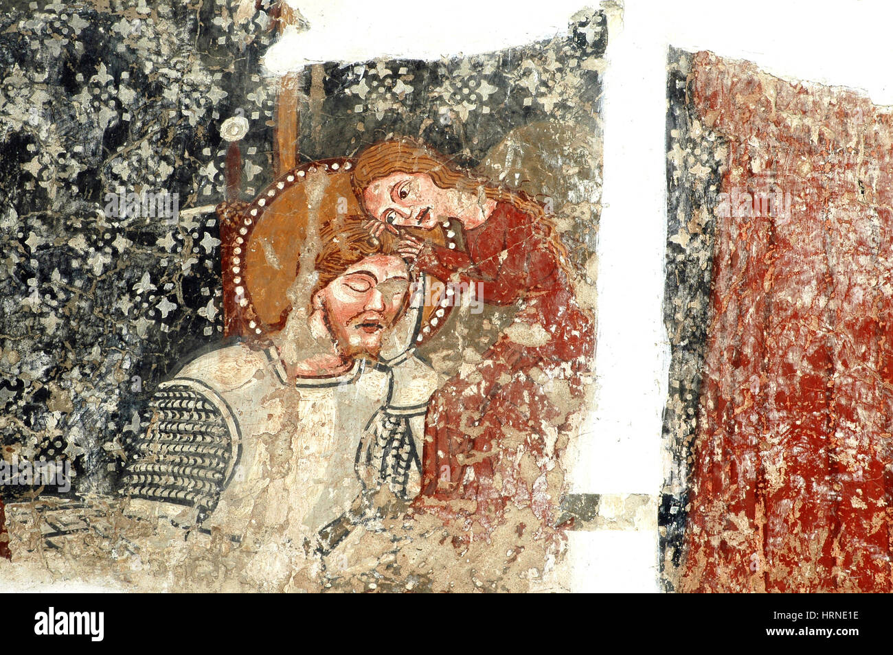 DARJIU, Roumanie - 12 MAI 2008 : Le 13ème siècle, peintures murales de l'église de Szekelyderzs, découvert lors d'une restauration, présente dans la légende du pendu Banque D'Images