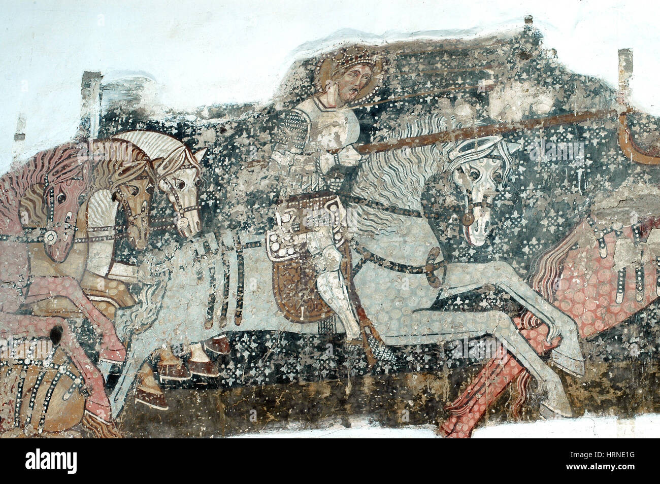 DARJIU, Roumanie - 12 MAI 2008 : Le 13ème siècle, peintures murales de l'église de Szekelyderzs, découvert lors d'une restauration, présente dans la légende du pendu Banque D'Images